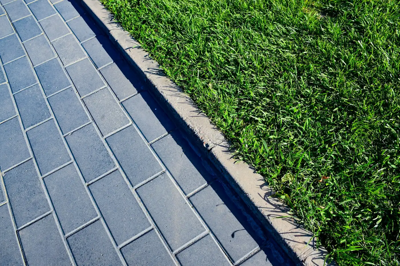 Sti af betonsten langs en græsplæne